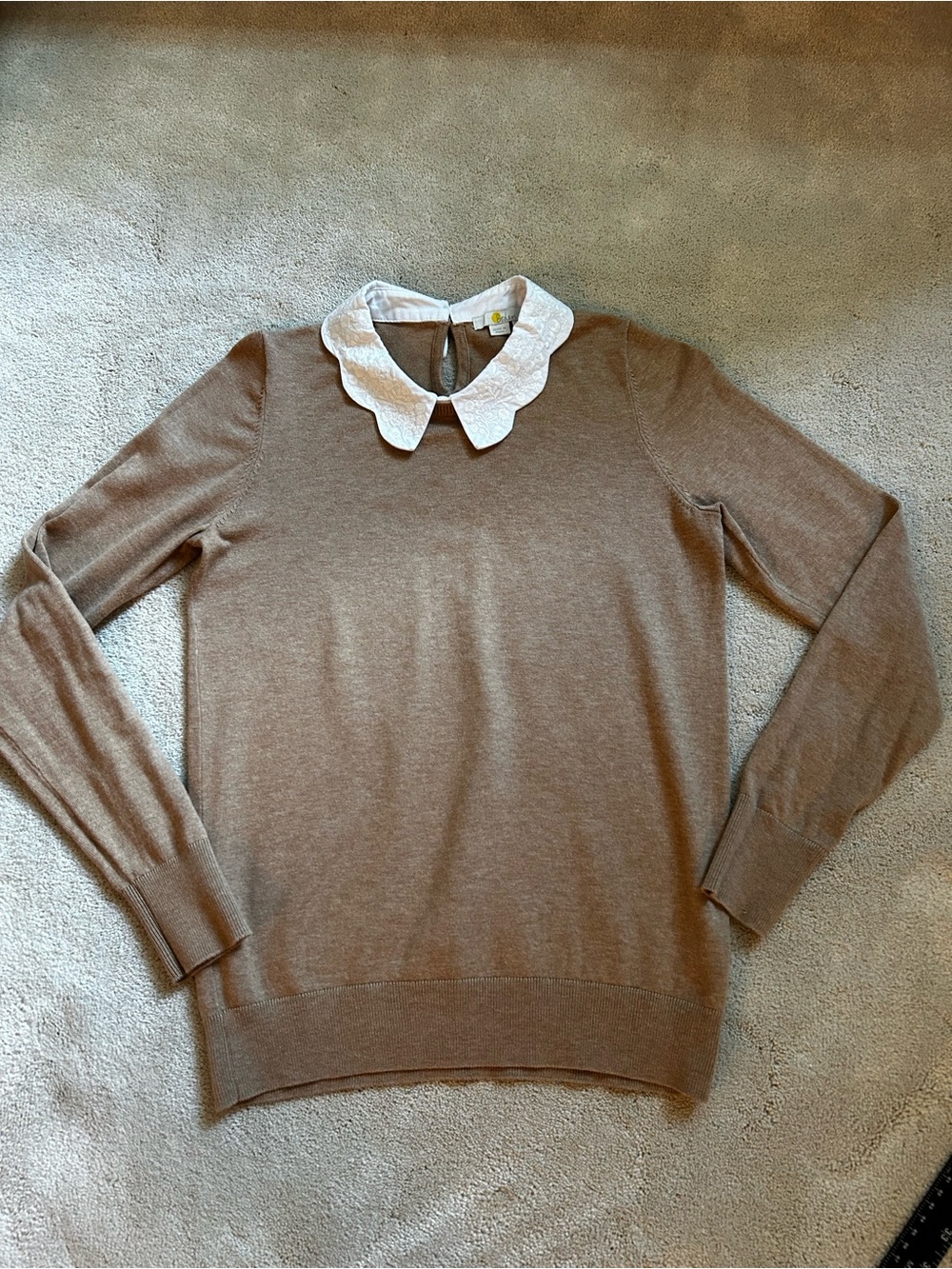 Boden Brown Crewneck Sweater with White Scalloped Collar